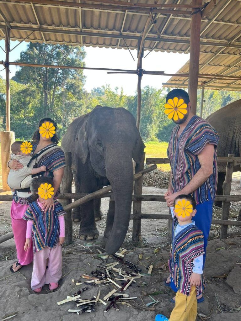 familia bañandose con elefantes en tailandia
